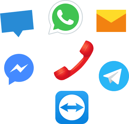 Support Kanäle - WhatsApp, Telefon, E-Mail, Messenger, Telegram, TeamViewer
